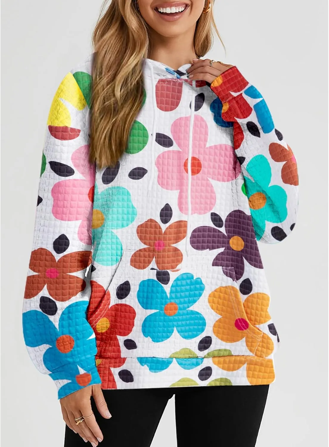 MNLYBABY Floral Hoodie Women Waffle Knit Sweatshirt Cute Graphic Colorful Long Sleeve Shirt With Pocket