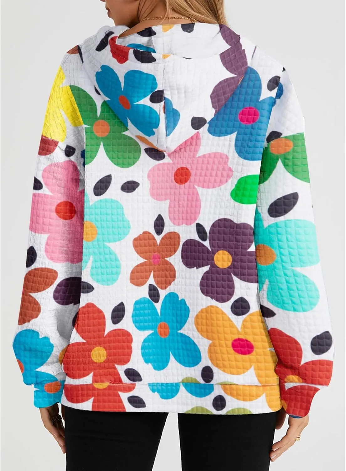MNLYBABY Floral Hoodie Women Waffle Knit Sweatshirt Cute Graphic Colorful Long Sleeve Shirt With Pocket