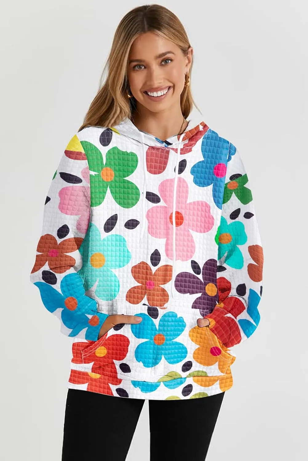 MNLYBABY Floral Hoodie Women Waffle Knit Sweatshirt Cute Graphic Colorful Long Sleeve Shirt With Pocket