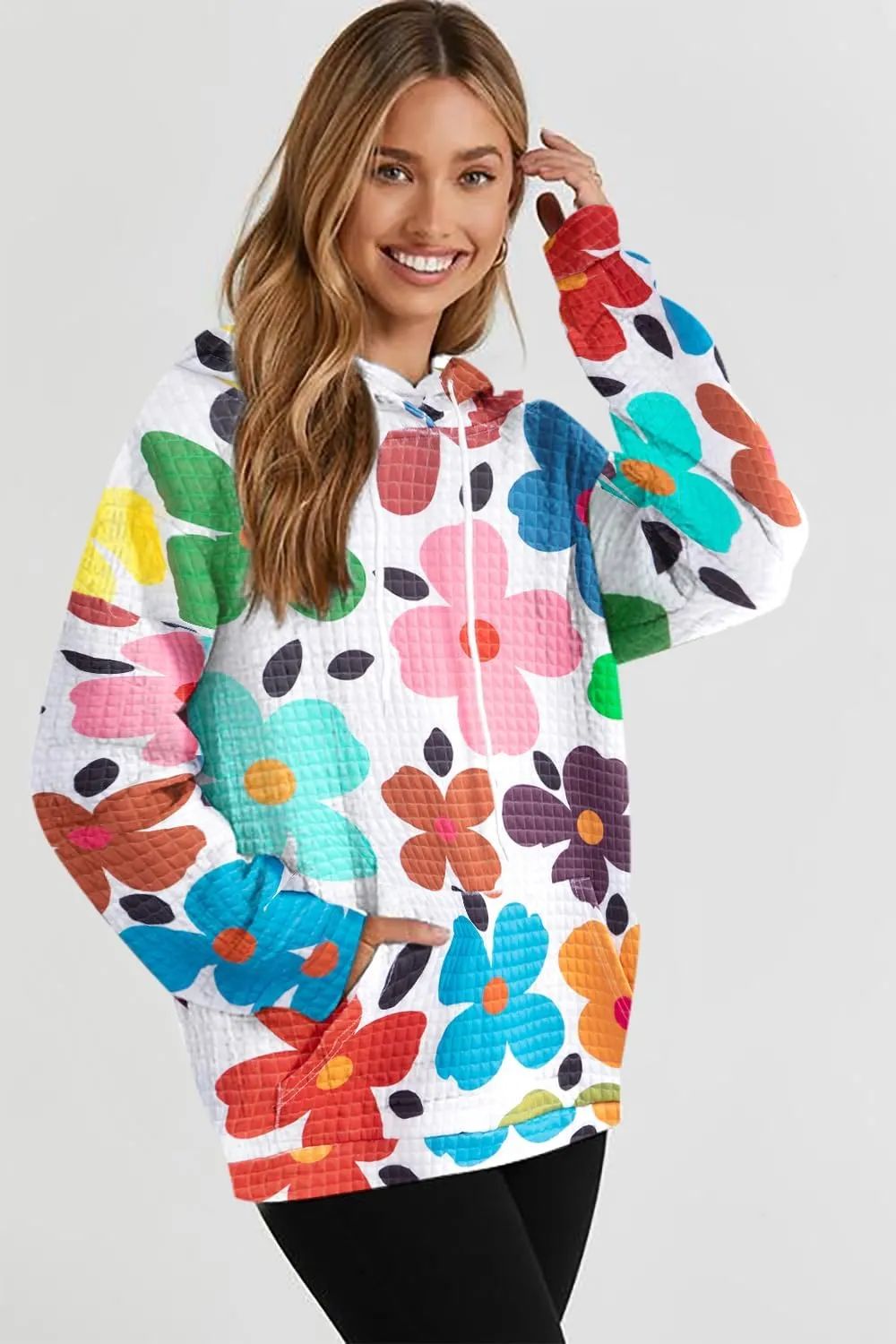 MNLYBABY Floral Hoodie Women Waffle Knit Sweatshirt Cute Graphic Colorful Long Sleeve Shirt With Pocket