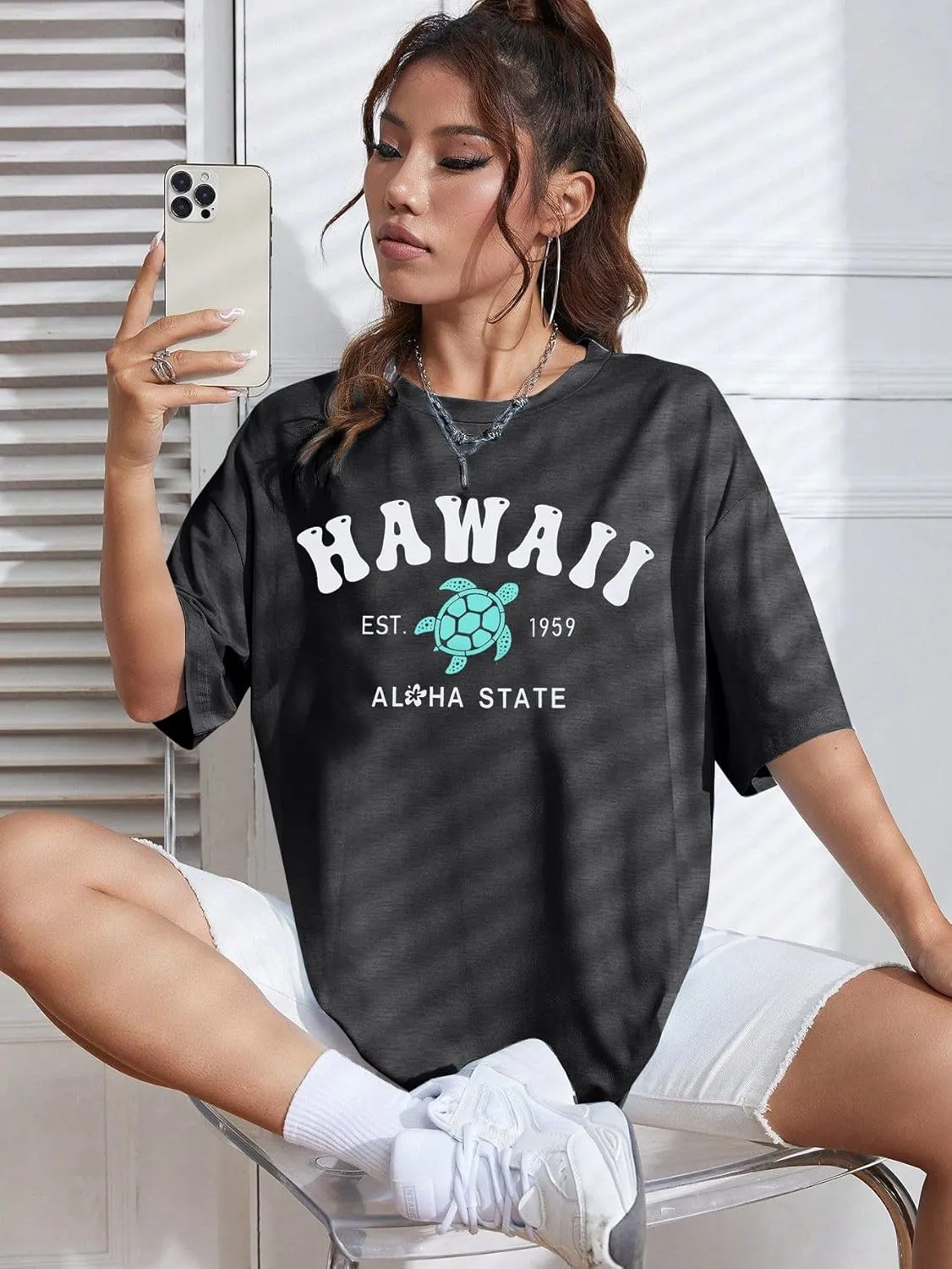 MNLYBABY Hawaiian Shirt Women Oversized Hawaii Graphic Shirts Hawaii Flowers Shirt Girls Preppy Casual Summer Vacation Tops