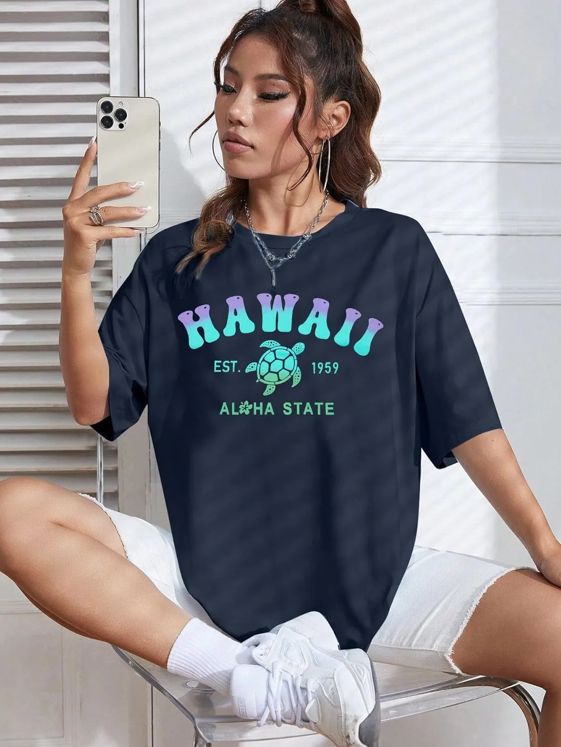 MNLYBABY Hawaiian Shirt Women Oversized Hawaii Graphic Shirts Hawaii Flowers Shirt Girls Preppy Casual Summer Vacation Tops