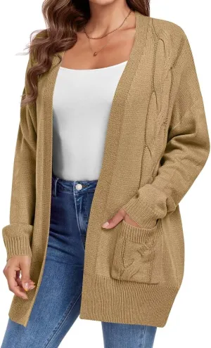 MONNURO Plus Size Cardigan Sweater for Women Long Sleeve Cable Knit Open Front Cardigan Outwear with Pockets