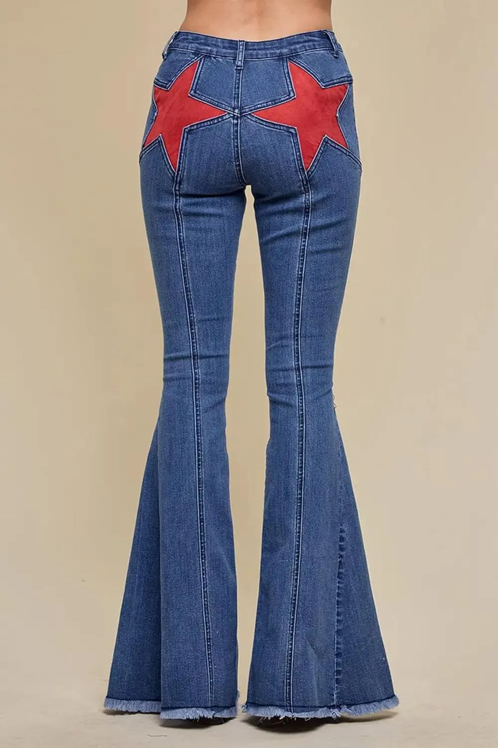 Mxiqqpltky Star Patchwork Bell Bottom Jeans for Women Mid Waist Bootcut Flare Jeans Stretch Straight Leg Skinny Denim Pants