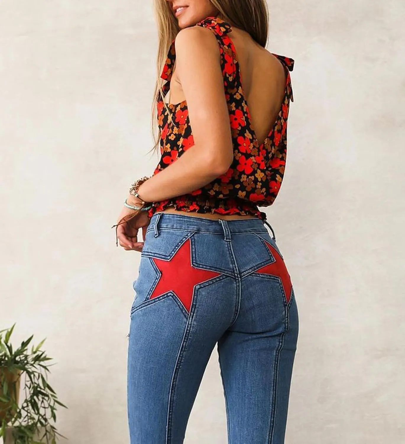 Mxiqqpltky Star Patchwork Bell Bottom Jeans for Women Mid Waist Bootcut Flare Jeans Stretch Straight Leg Skinny Denim Pants
