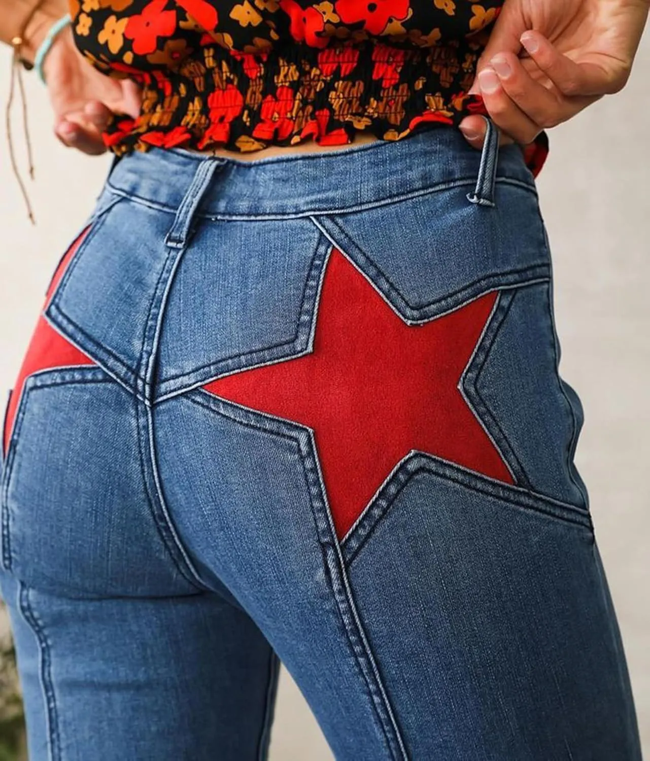 Mxiqqpltky Star Patchwork Bell Bottom Jeans for Women Mid Waist Bootcut Flare Jeans Stretch Straight Leg Skinny Denim Pants