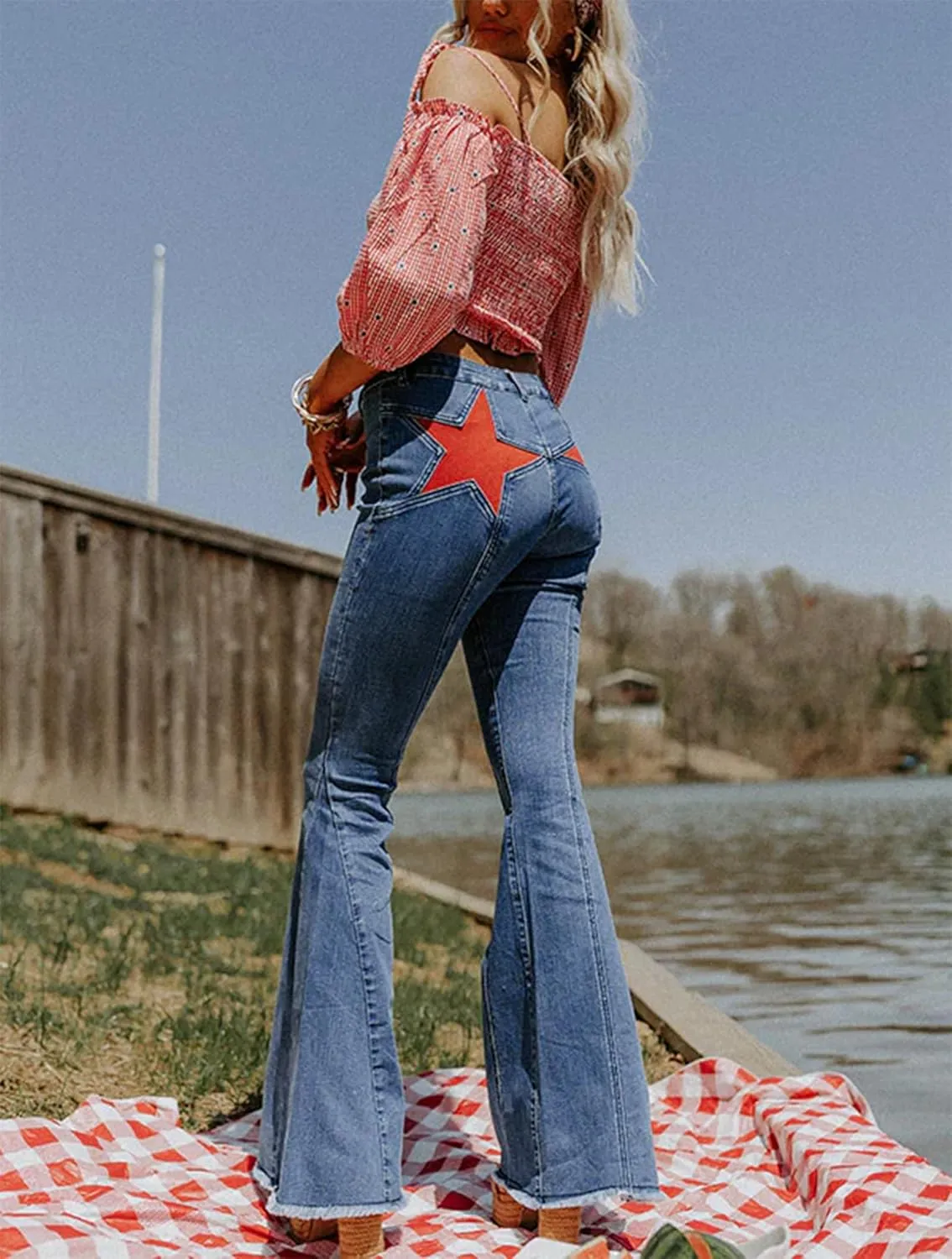 Mxiqqpltky Star Patchwork Bell Bottom Jeans for Women Mid Waist Bootcut Flare Jeans Stretch Straight Leg Skinny Denim Pants