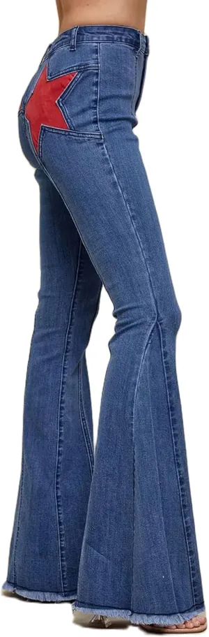 Mxiqqpltky Star Patchwork Bell Bottom Jeans for Women Mid Waist Bootcut Flare Jeans Stretch Straight Leg Skinny Denim Pants