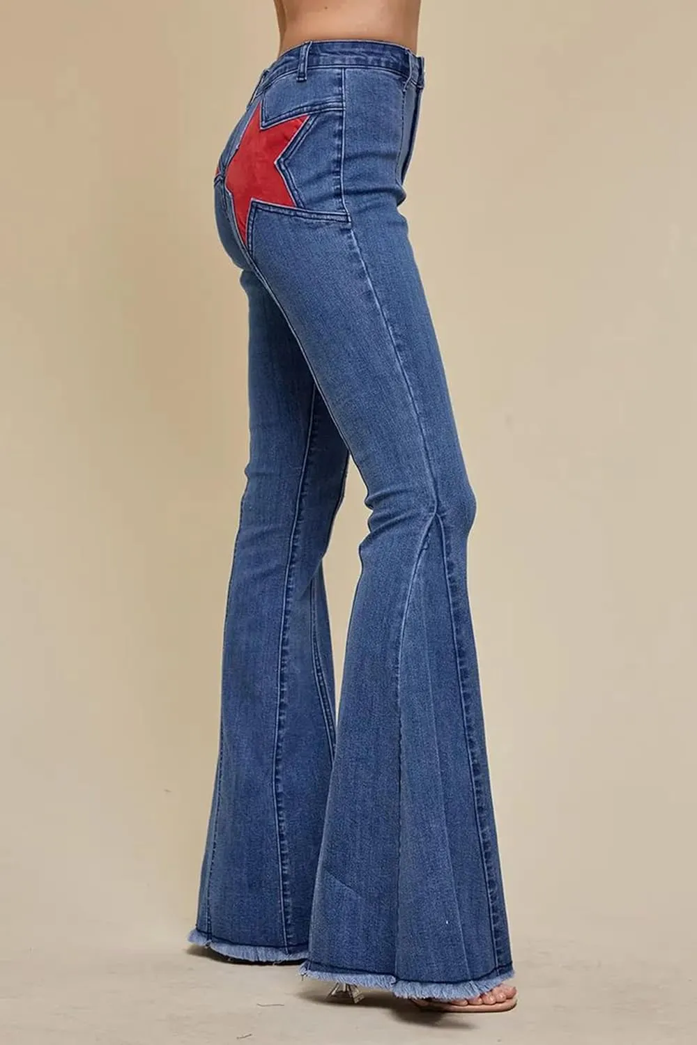 Mxiqqpltky Star Patchwork Bell Bottom Jeans for Women Mid Waist Bootcut Flare Jeans Stretch Straight Leg Skinny Denim Pants