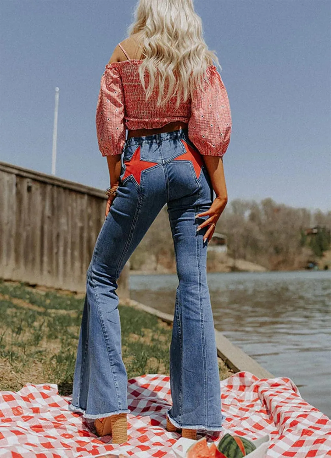 Mxiqqpltky Star Patchwork Bell Bottom Jeans for Women Mid Waist Bootcut Flare Jeans Stretch Straight Leg Skinny Denim Pants