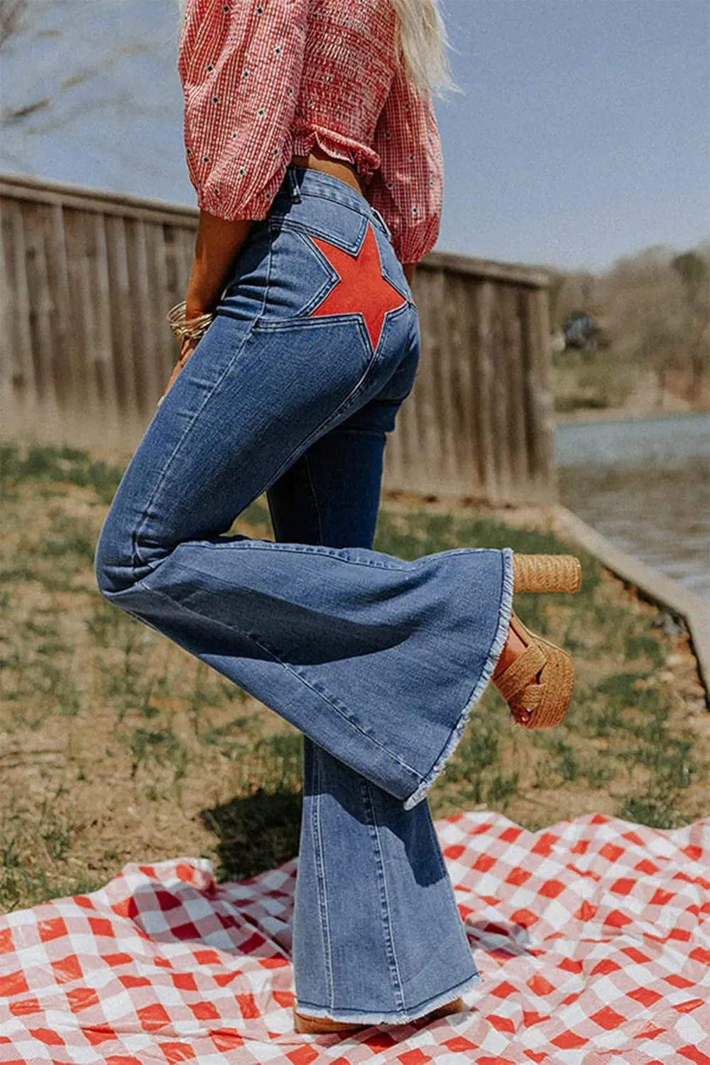 Mxiqqpltky Star Patchwork Bell Bottom Jeans for Women Mid Waist Bootcut Flare Jeans Stretch Straight Leg Skinny Denim Pants