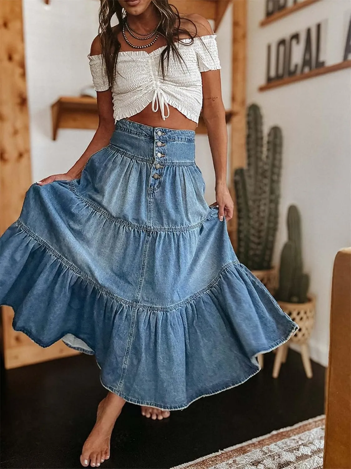 Mxiqqpltky Women's Denim Maxi Skirt High Waist Button Front Tiered Ruffle Swing A-Line Jean Long Skirt Y2k Streetwear
