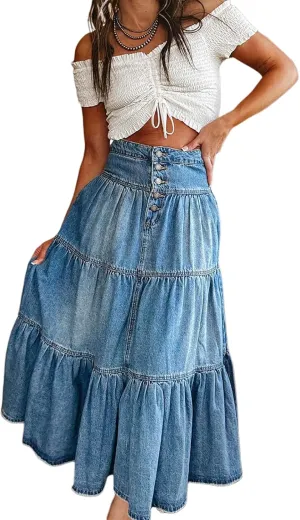 Mxiqqpltky Women's Denim Maxi Skirt High Waist Button Front Tiered Ruffle Swing A-Line Jean Long Skirt Y2k Streetwear