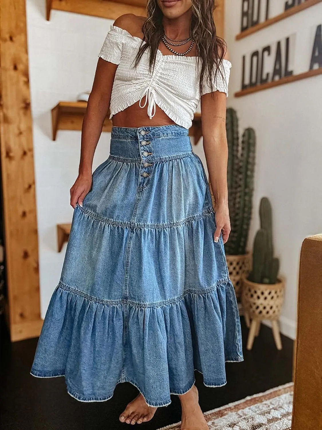 Mxiqqpltky Women's Denim Maxi Skirt High Waist Button Front Tiered Ruffle Swing A-Line Jean Long Skirt Y2k Streetwear