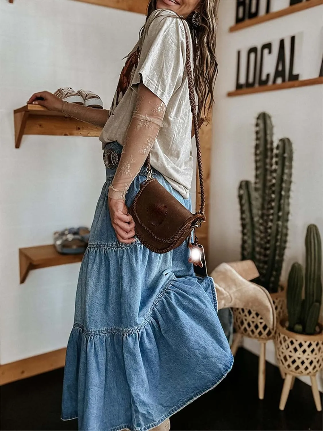 Mxiqqpltky Women's Denim Maxi Skirt High Waist Button Front Tiered Ruffle Swing A-Line Jean Long Skirt Y2k Streetwear