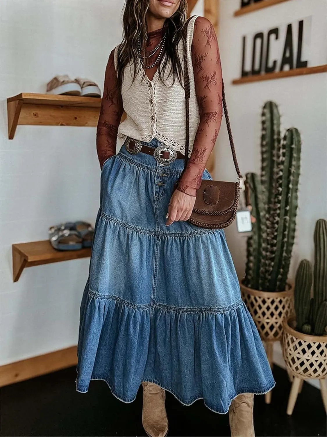 Mxiqqpltky Women's Denim Maxi Skirt High Waist Button Front Tiered Ruffle Swing A-Line Jean Long Skirt Y2k Streetwear