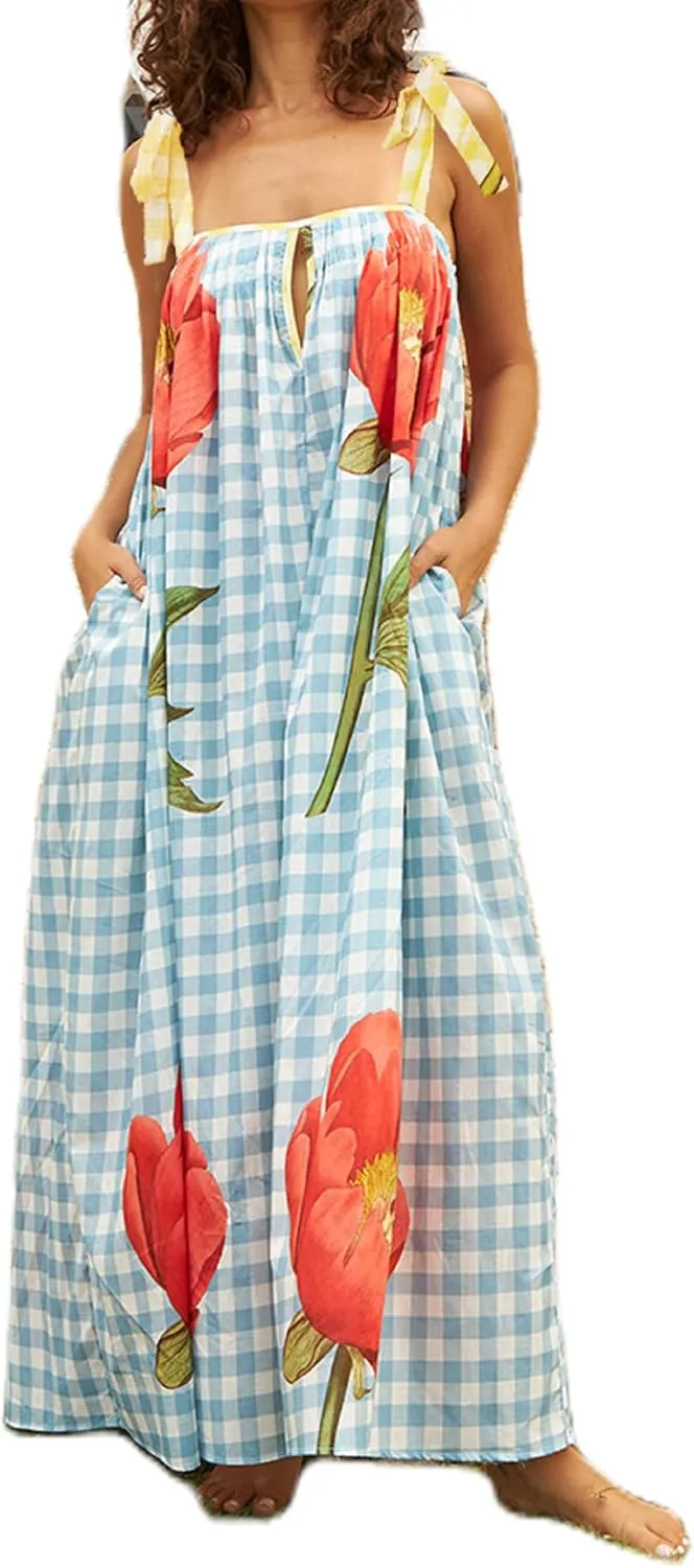 NUFIWI Women Boho Graffiti Cami Long Dress Graphic Spaghetti Strap Flowy Maxi Dress Square Neck Colorful A Line Sundress