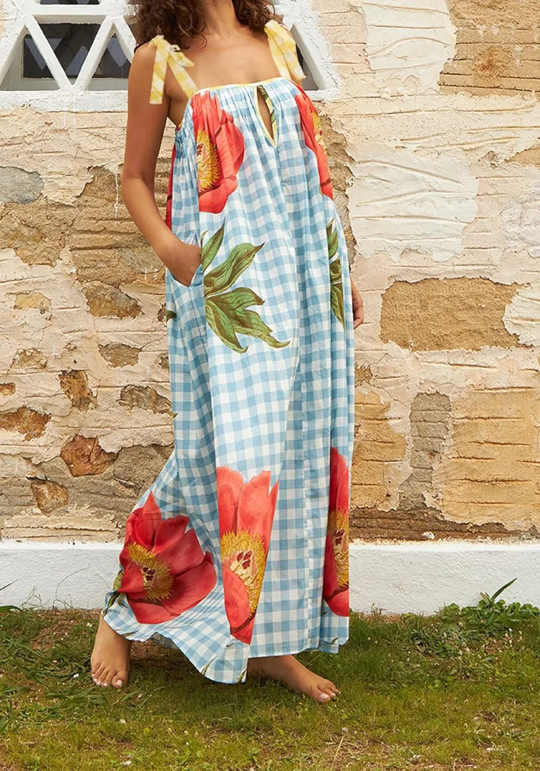 NUFIWI Women Boho Graffiti Cami Long Dress Graphic Spaghetti Strap Flowy Maxi Dress Square Neck Colorful A Line Sundress