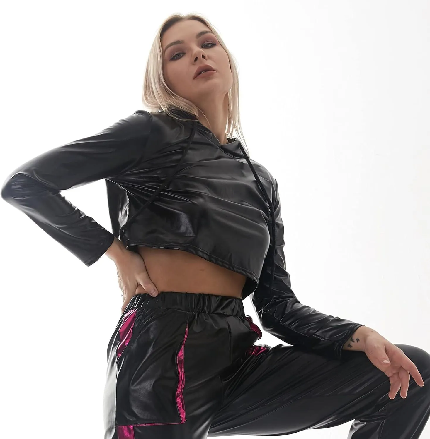 OBEEII Womens Shiny Metallic Crop Top Hoodies Drawstring Long Sleeve Wet Look Pullover Holographic Sweatshirts Club Wear