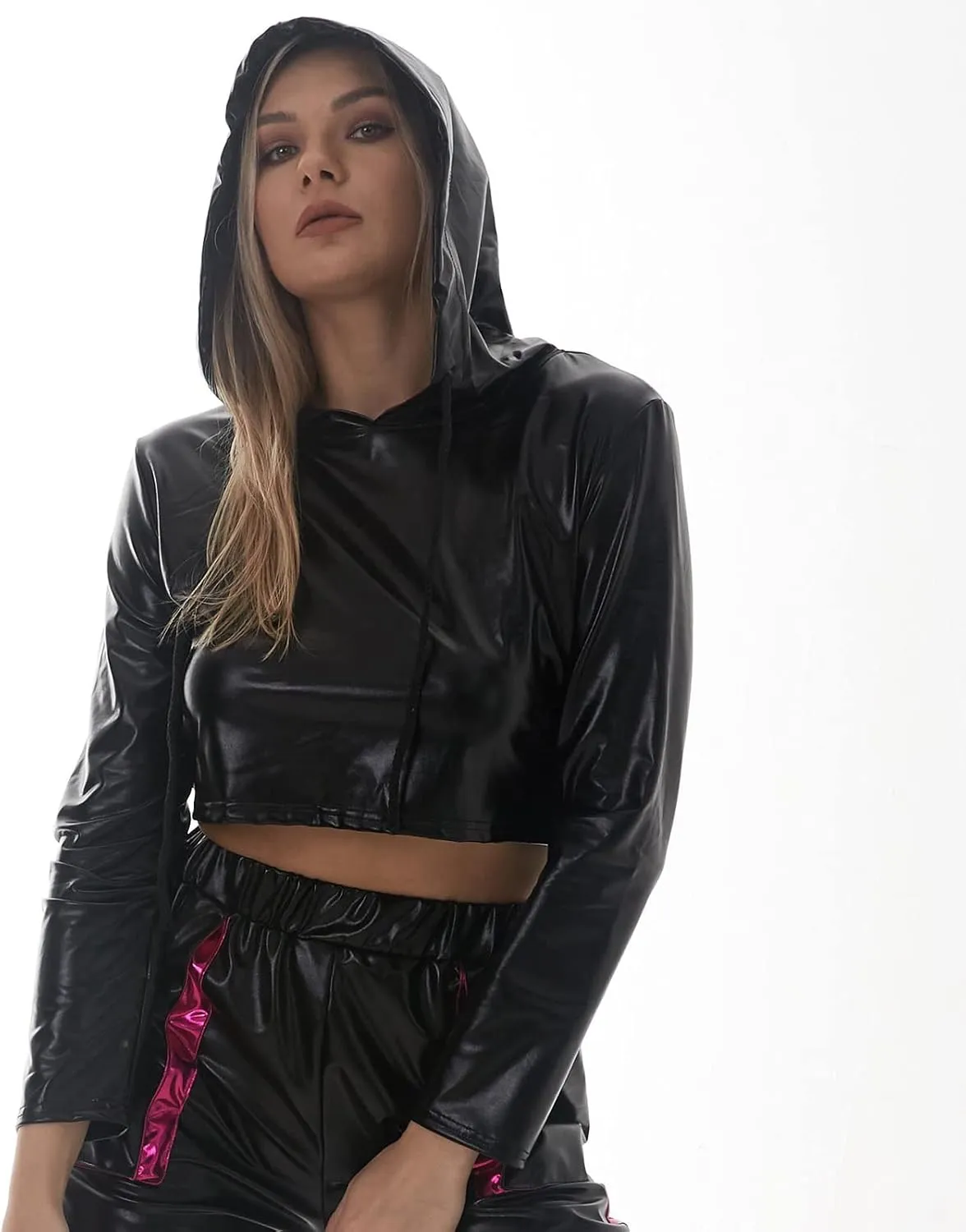OBEEII Womens Shiny Metallic Crop Top Hoodies Drawstring Long Sleeve Wet Look Pullover Holographic Sweatshirts Club Wear