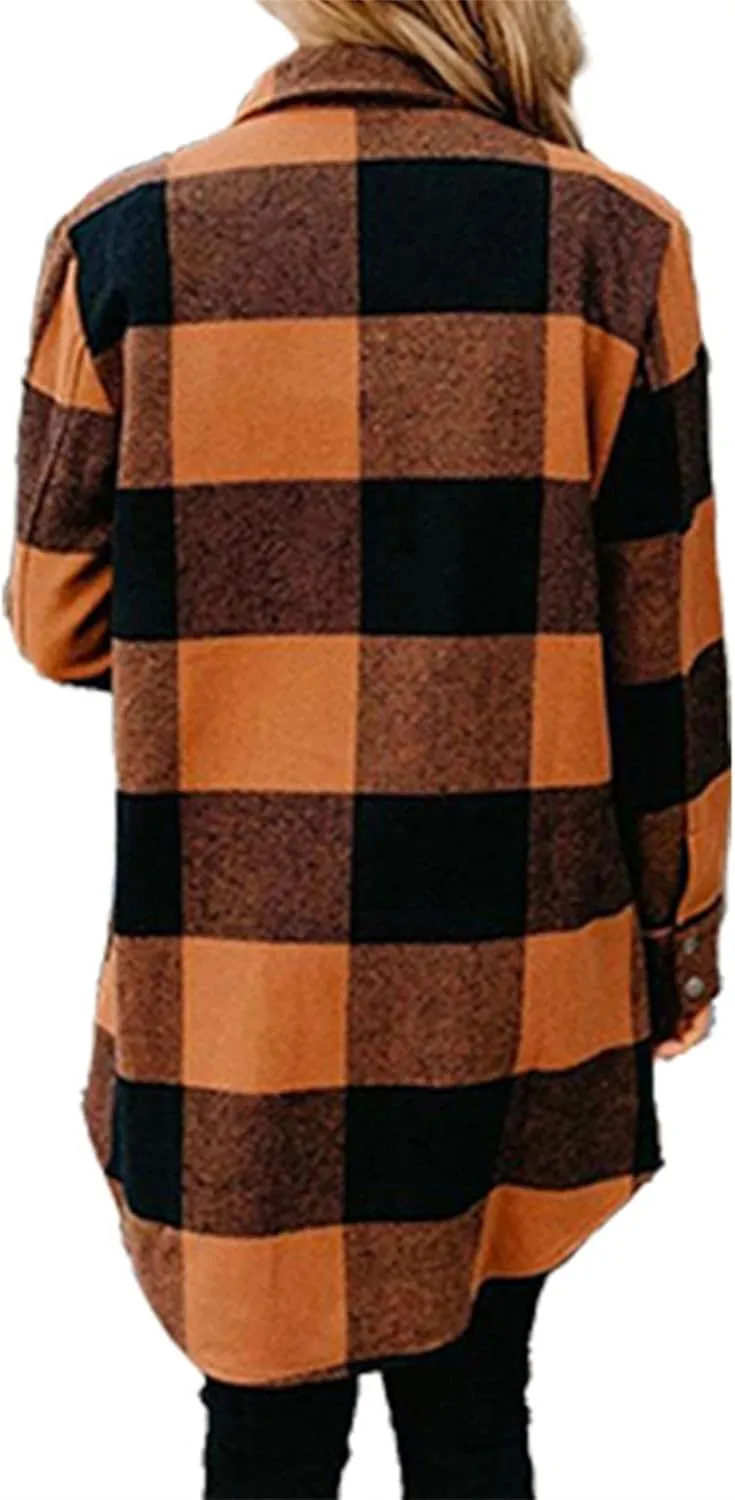OMZIN Women's Long Button Down Plaid Shirt Long Sleeve Lapel Blouse Snaps Tops with Side Pockets