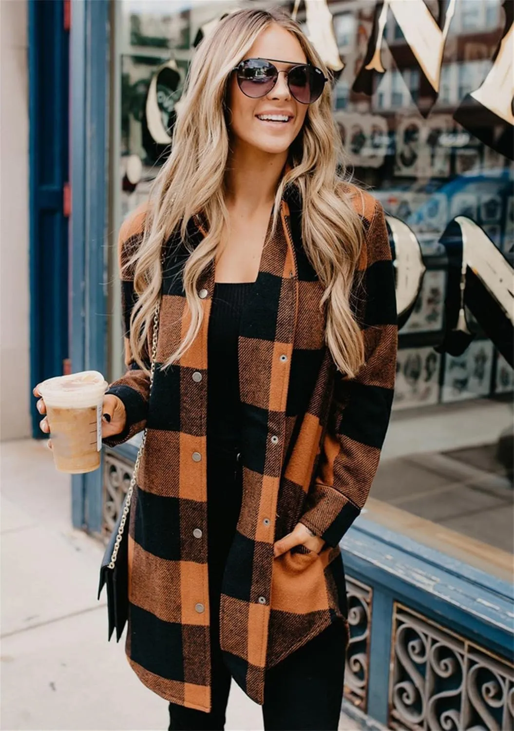 OMZIN Women's Long Button Down Plaid Shirt Long Sleeve Lapel Blouse Snaps Tops with Side Pockets
