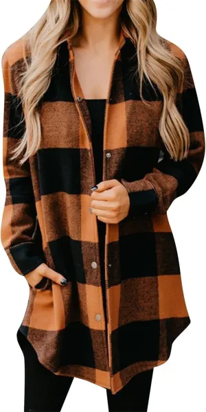 OMZIN Women's Long Button Down Plaid Shirt Long Sleeve Lapel Blouse Snaps Tops with Side Pockets