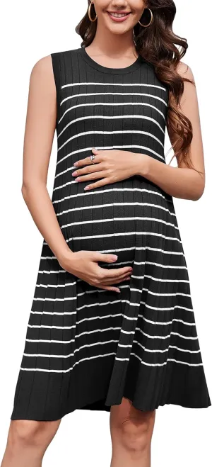 OUGES Women's 2025 Spring Maternity Dress Business Casual Outfits Pleated Sleeveless Crew Neck Ribbed Knit Short Dress