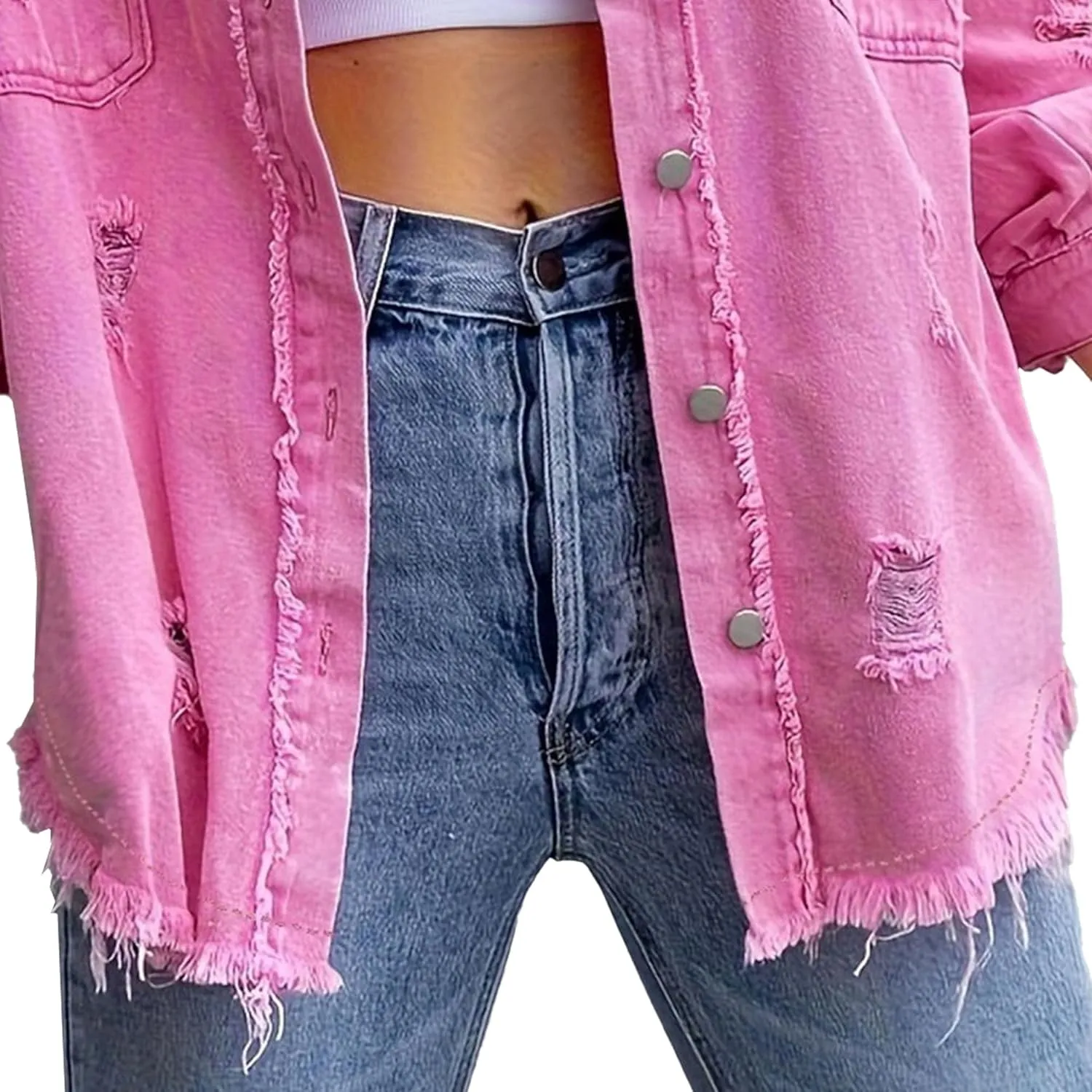 Oversized Jean Jacket For Women Trendy Classic Lapel Button Frayed Hem Shacket Boyfriend Ripped Trucker Coats