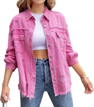 Oversized Jean Jacket For Women Trendy Classic Lapel Button Frayed Hem Shacket Boyfriend Ripped Trucker Coats