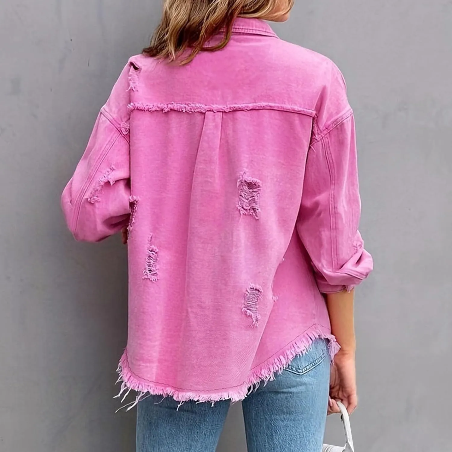 Oversized Jean Jacket For Women Trendy Classic Lapel Button Frayed Hem Shacket Boyfriend Ripped Trucker Coats