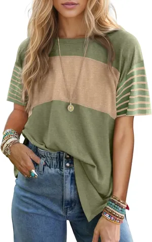 Oversized T Shirts for Women Striped Summer Tops 2025 Short Sleeve Trendy Color Block Crewneck Casual Shirts Blouse