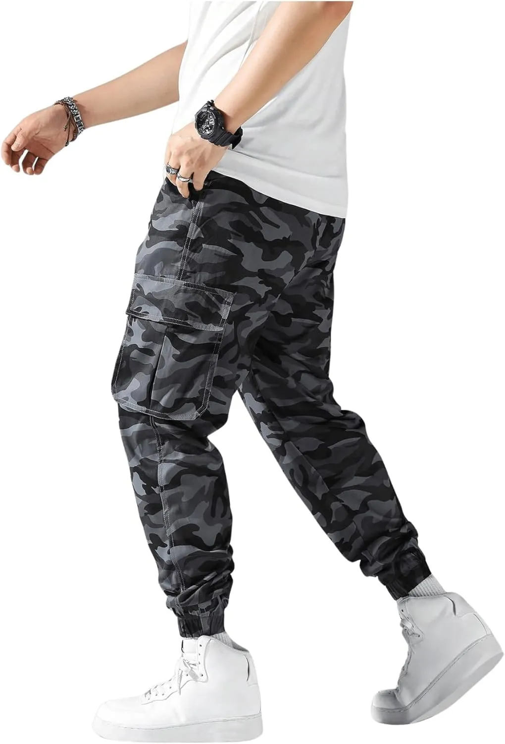 OYOANGLE Men's Camo Casual Joggers Pants Drawstring Waist Streetwear Tapered Pant with Pockets