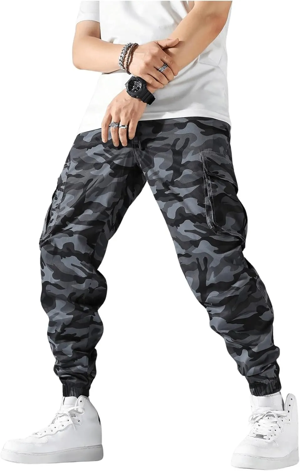 OYOANGLE Men's Camo Casual Joggers Pants Drawstring Waist Streetwear Tapered Pant with Pockets