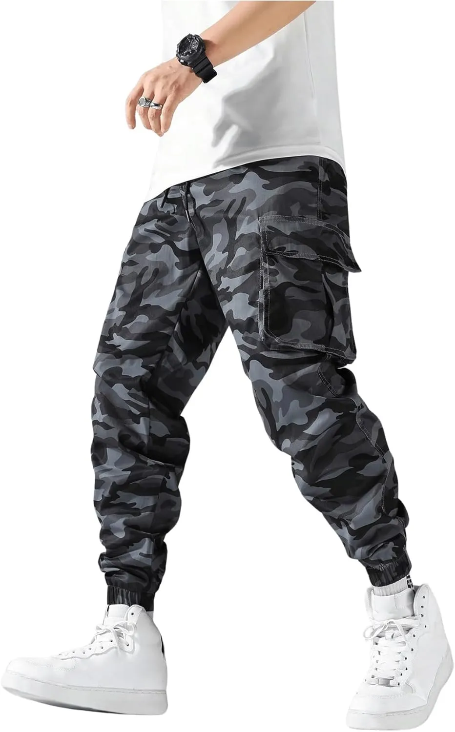 OYOANGLE Men's Camo Casual Joggers Pants Drawstring Waist Streetwear Tapered Pant with Pockets