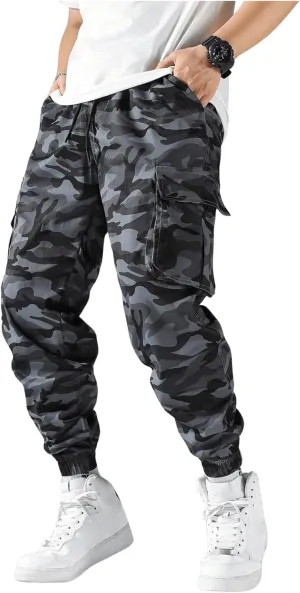 OYOANGLE Men's Camo Casual Joggers Pants Drawstring Waist Streetwear Tapered Pant with Pockets