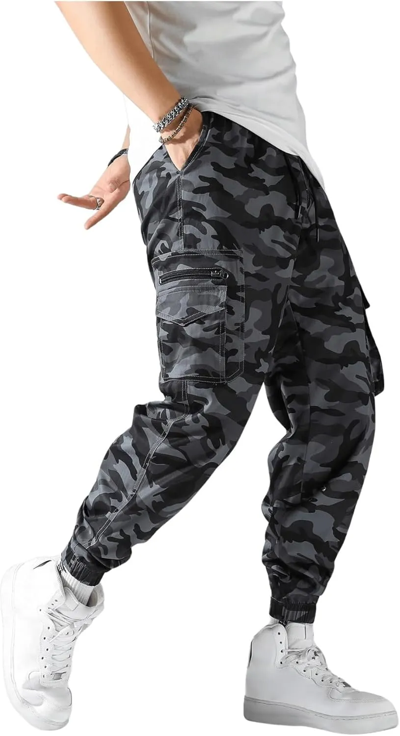 OYOANGLE Men's Camo Casual Joggers Pants Drawstring Waist Streetwear Tapered Pant with Pockets