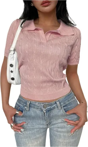 OYOANGLE Women's Short Sleeve Cable Knit Tee Top Basic Solid Collared Neck Pullover Shirts