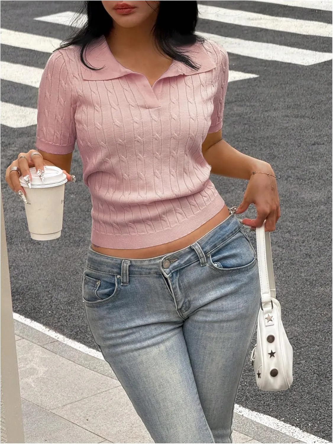 OYOANGLE Women's Short Sleeve Cable Knit Tee Top Basic Solid Collared Neck Pullover Shirts