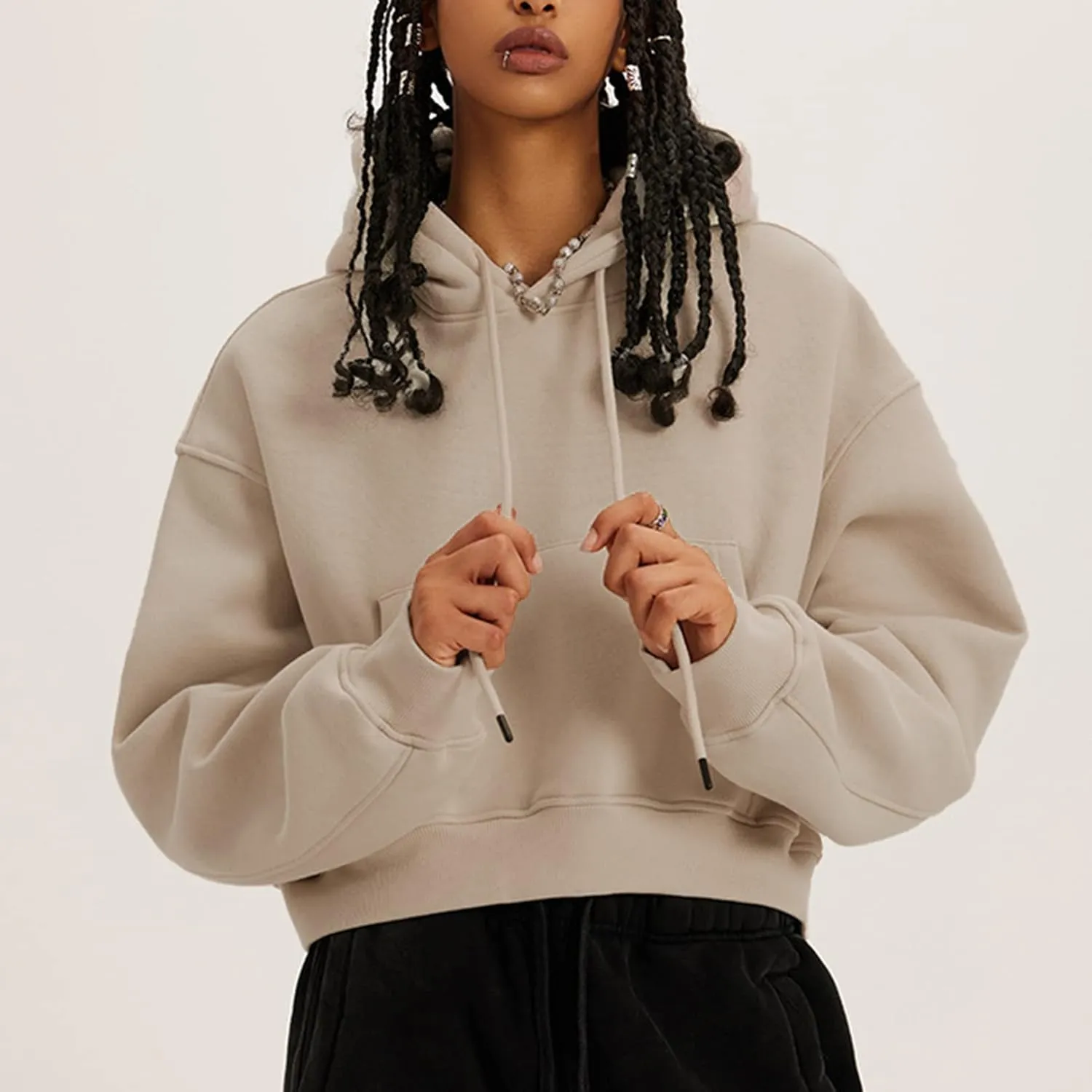 PEHMEA Women's Cropped Hoodie with Pocket Oversized Long Sleeve Hooded Cropped Crop Top Sweatshirt