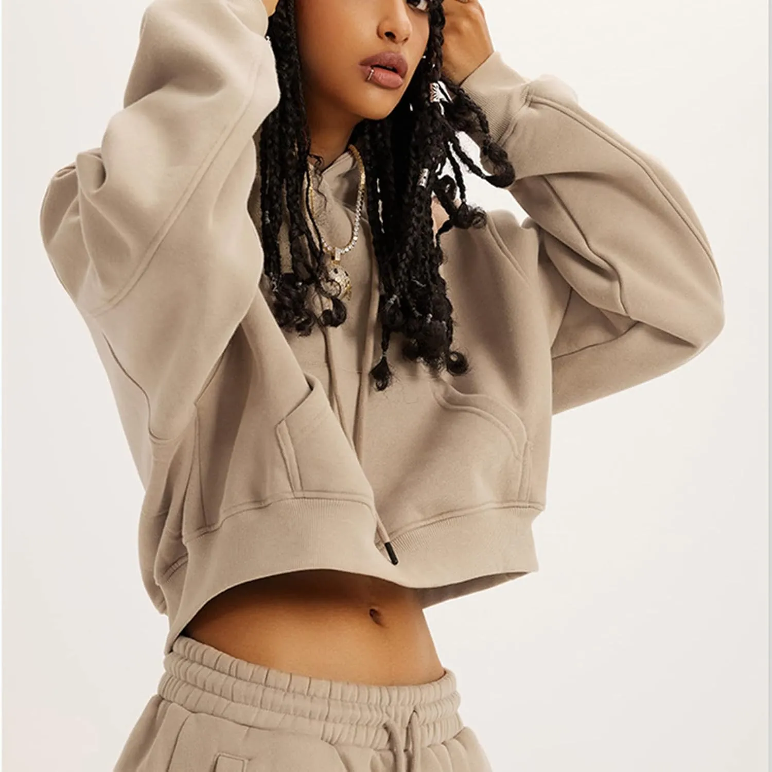 PEHMEA Women's Cropped Hoodie with Pocket Oversized Long Sleeve Hooded Cropped Crop Top Sweatshirt
