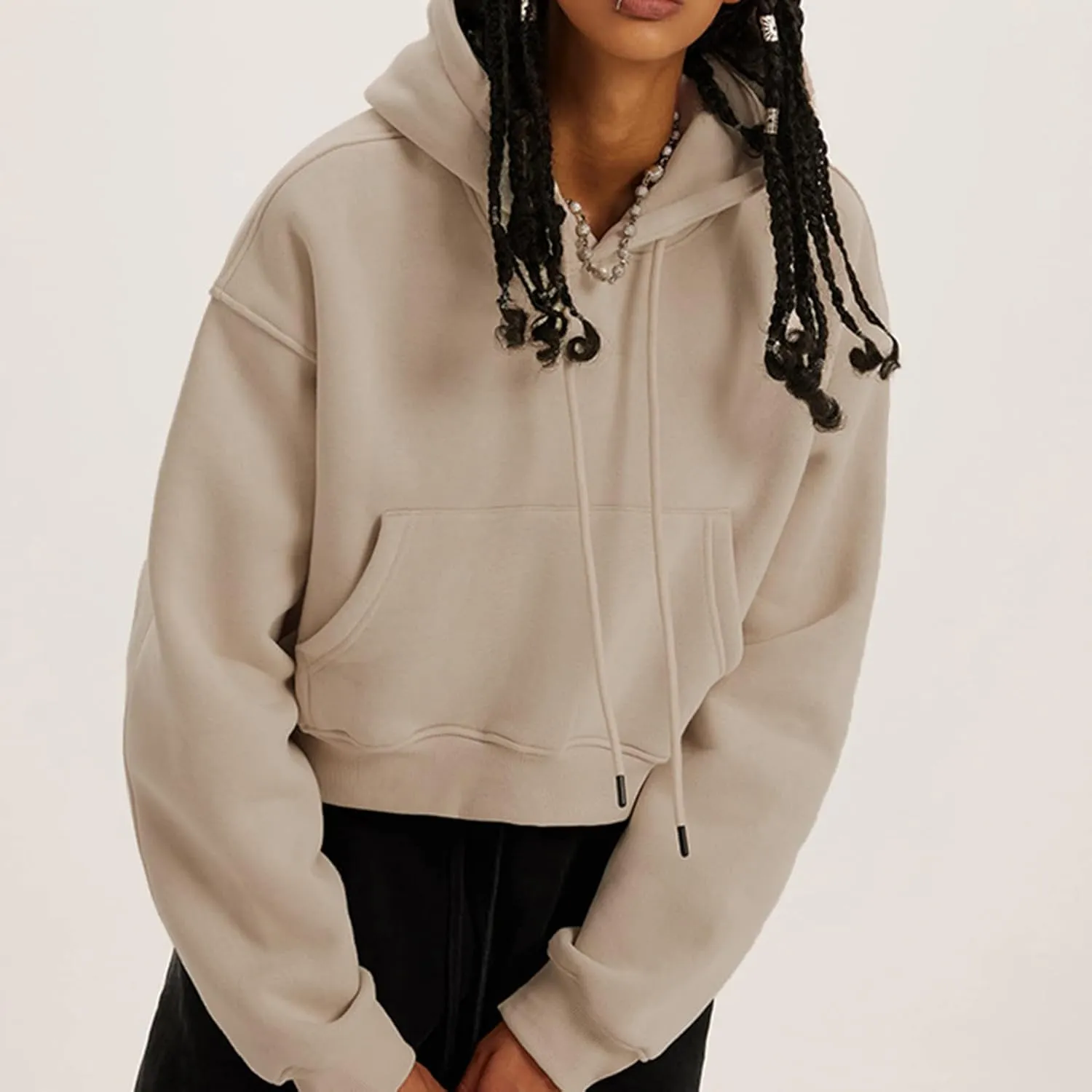 PEHMEA Women's Cropped Hoodie with Pocket Oversized Long Sleeve Hooded Cropped Crop Top Sweatshirt
