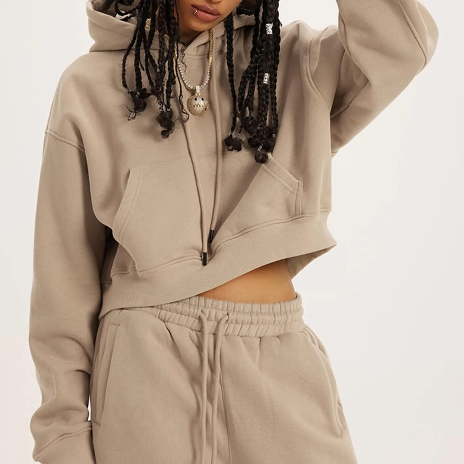 PEHMEA Women's Cropped Hoodie with Pocket Oversized Long Sleeve Hooded Cropped Crop Top Sweatshirt