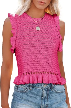 PiePieBuy Women's Summer Knit Tank Tops Crew Neck Sleeveless Cami Shirts Tees Ruffle Sweater Vest