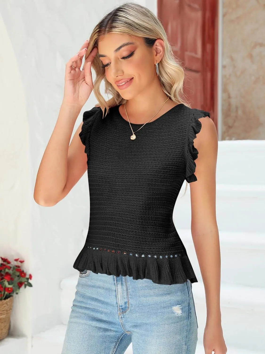PiePieBuy Women's Summer Knit Tank Tops Crew Neck Sleeveless Cami Shirts Tees Ruffle Sweater Vest
