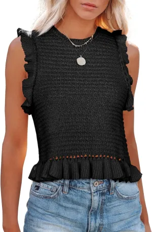 PiePieBuy Women's Summer Knit Tank Tops Crew Neck Sleeveless Cami Shirts Tees Ruffle Sweater Vest