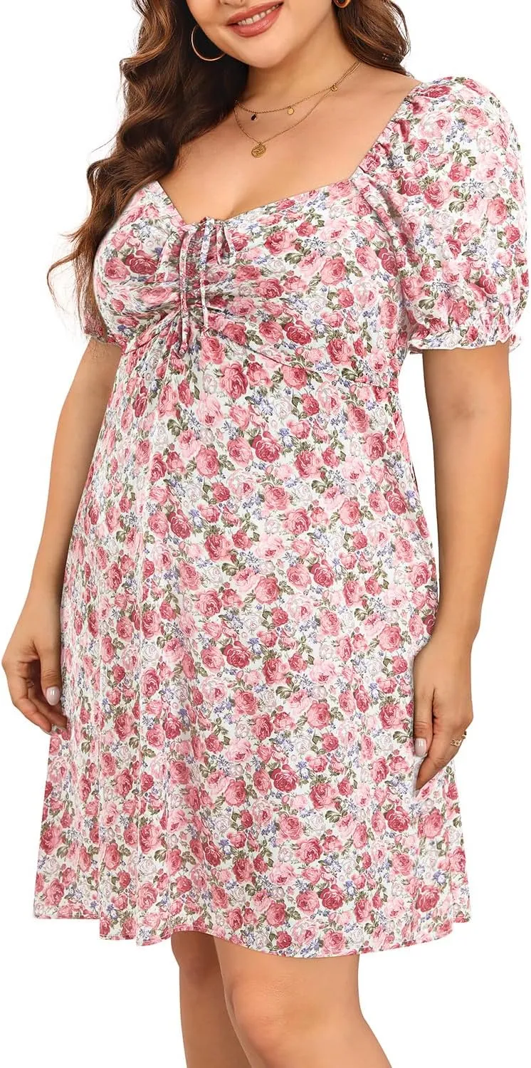 Pinup Fashion Women Plus Size Casual Puff Sleeve Smocked Short Summer Sundress A Line Babydoll Cute Mini Dresses
