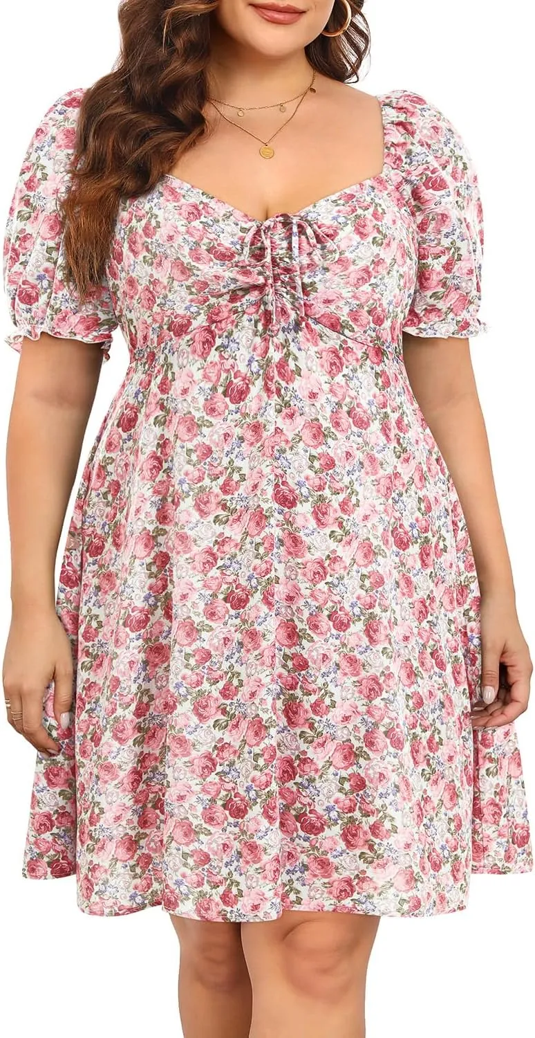 Pinup Fashion Women Plus Size Casual Puff Sleeve Smocked Short Summer Sundress A Line Babydoll Cute Mini Dresses