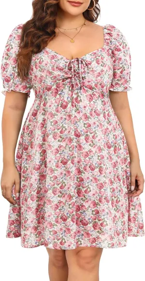 Pinup Fashion Women Plus Size Casual Puff Sleeve Smocked Short Summer Sundress A Line Babydoll Cute Mini Dresses