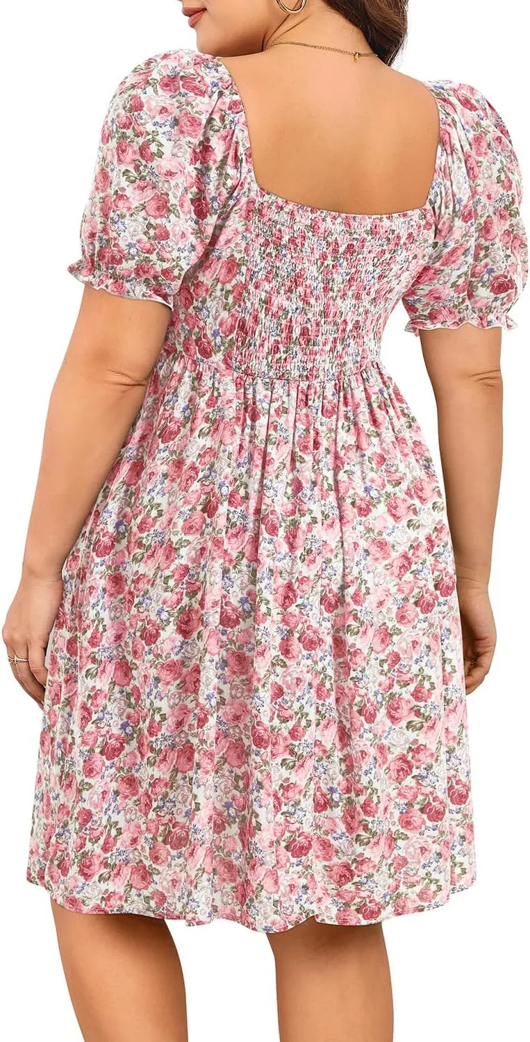 Pinup Fashion Women Plus Size Casual Puff Sleeve Smocked Short Summer Sundress A Line Babydoll Cute Mini Dresses